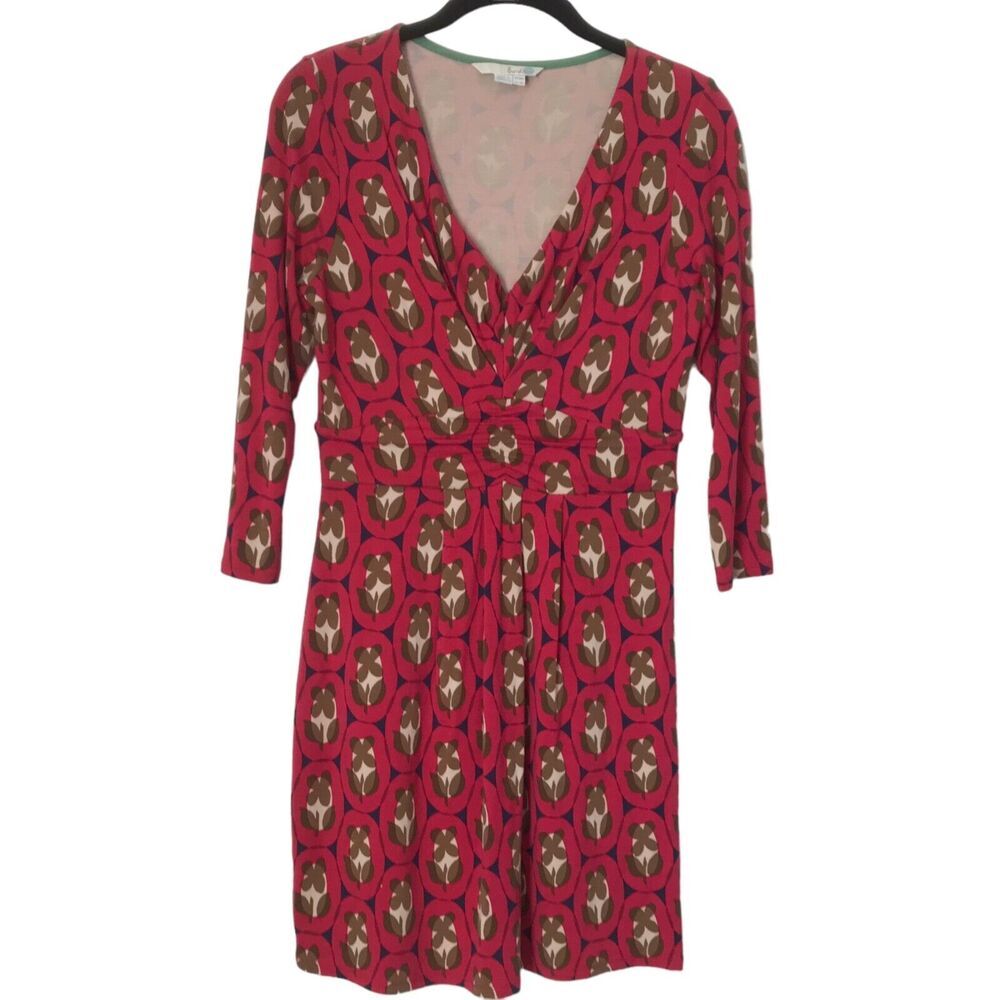 Boden Womens Dress Size 6R Red Brown Empire Waist Leaf Print Knee Length Casual